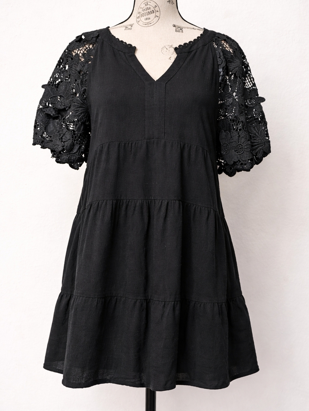 Umgee Black Tiered Mini Dress with Lace Puff Sleeves